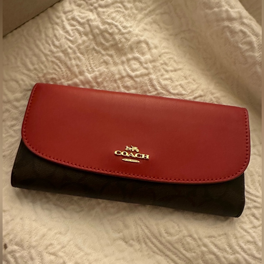 Coach Signature PVC Checkbook Wallet F57319 IML72 Brown True Red NWT